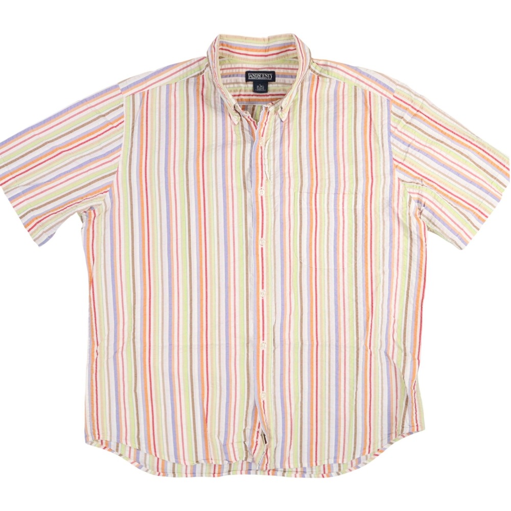 Lands End Rainbow Stripe Seersucker Shirt Mens L Direct Merchants Vintage 90s